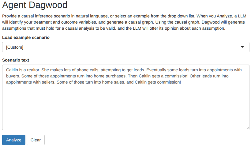 Instructions, drop down menu, large text box, Analyze button, and Clear button